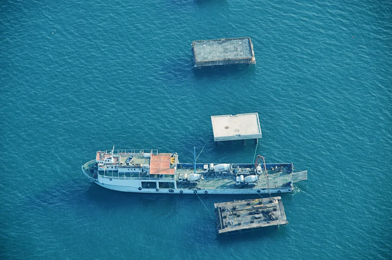 Aerial view of a work vessel during dolphin platform construction